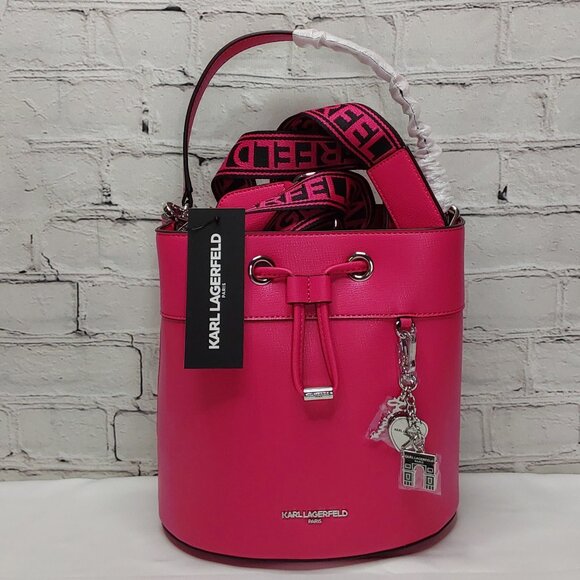 KARL LAGERFELD PARIS 'ADELE' BUCKET STYLE HANDBAG W/ LOGO WEBBING STRAP - Picture 9 of 16